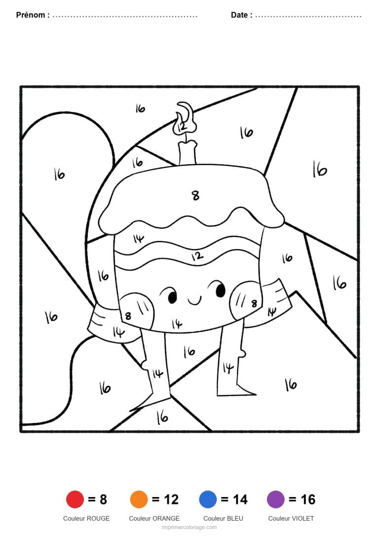 coloriage magique par-numero gateau a bougie, dessin gratuit &agrave; imprimer