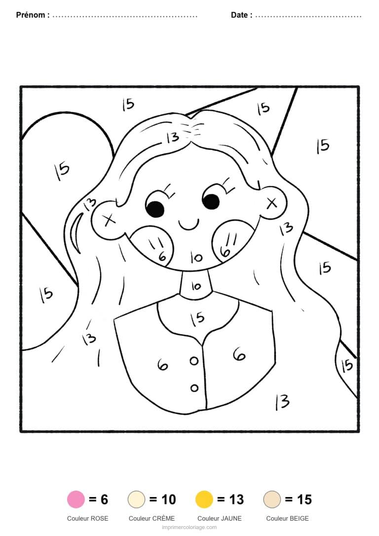 coloriage magique par-numero jeune femme, dessin gratuit &agrave; imprimer