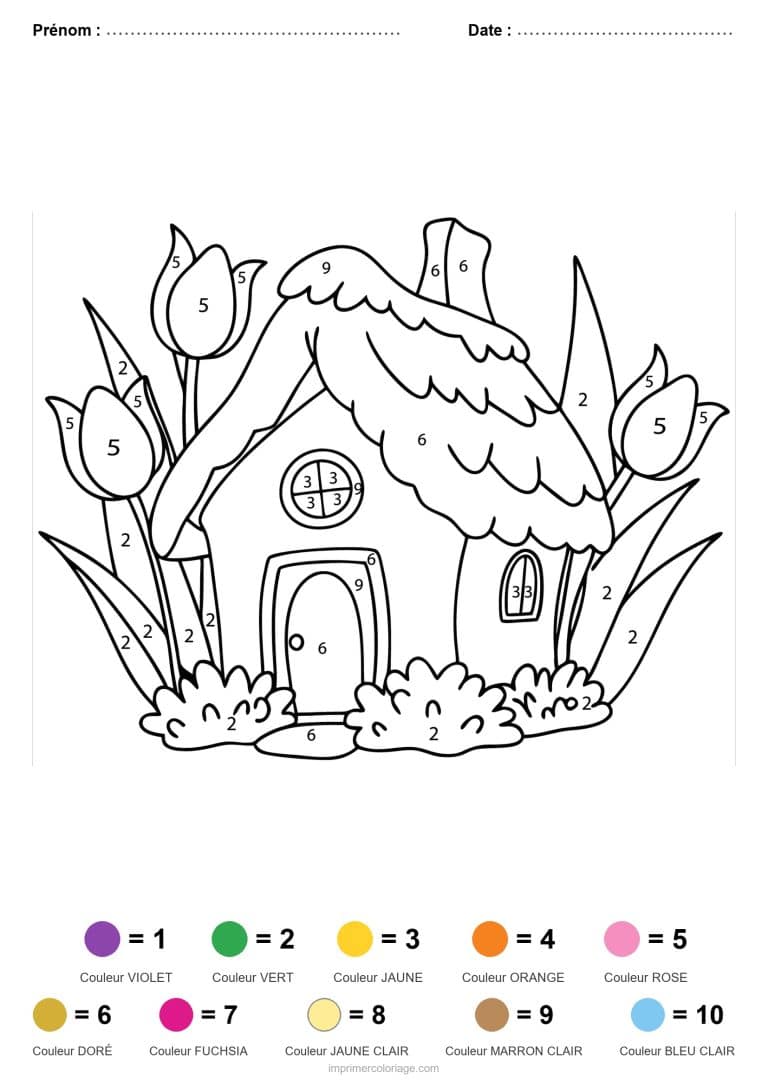 coloriage magique par-numero maison champignon, dessin gratuit &agrave; imprimer
