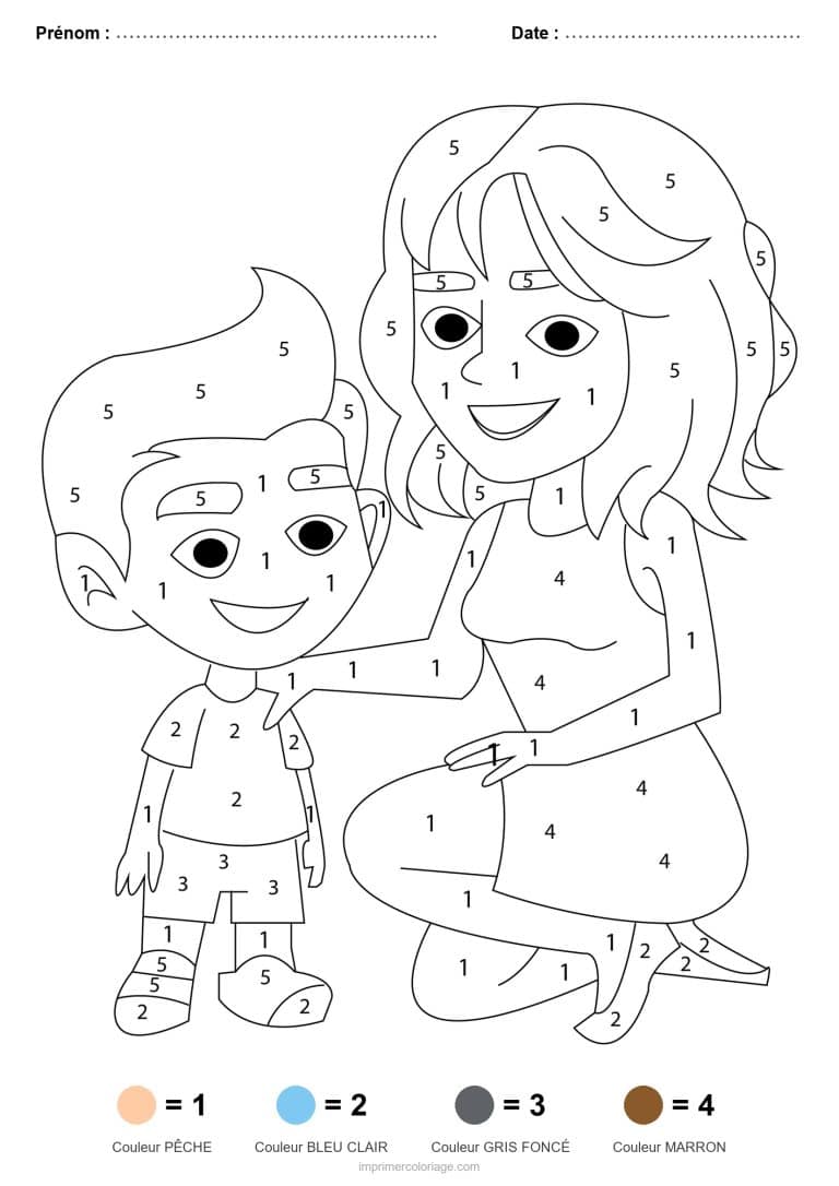 coloriage magique par-numero maman et son fils, dessin gratuit &agrave; imprimer