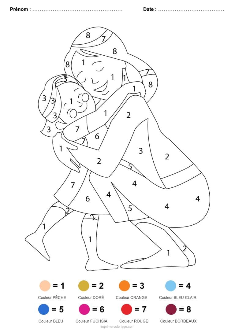 coloriage magique par-numero maman qui porte son enfant, dessin gratuit &agrave; imprimer