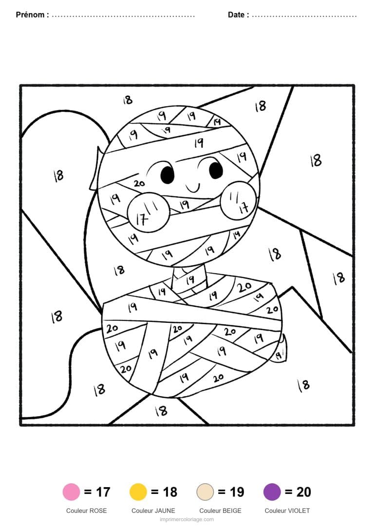 coloriage magique par-numero momie, dessin gratuit &agrave; imprimer