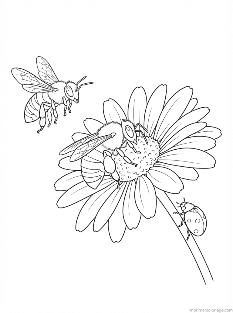 coloriage marguerite abeille pollen coccinelle - dessin gratuit &agrave; imprimer