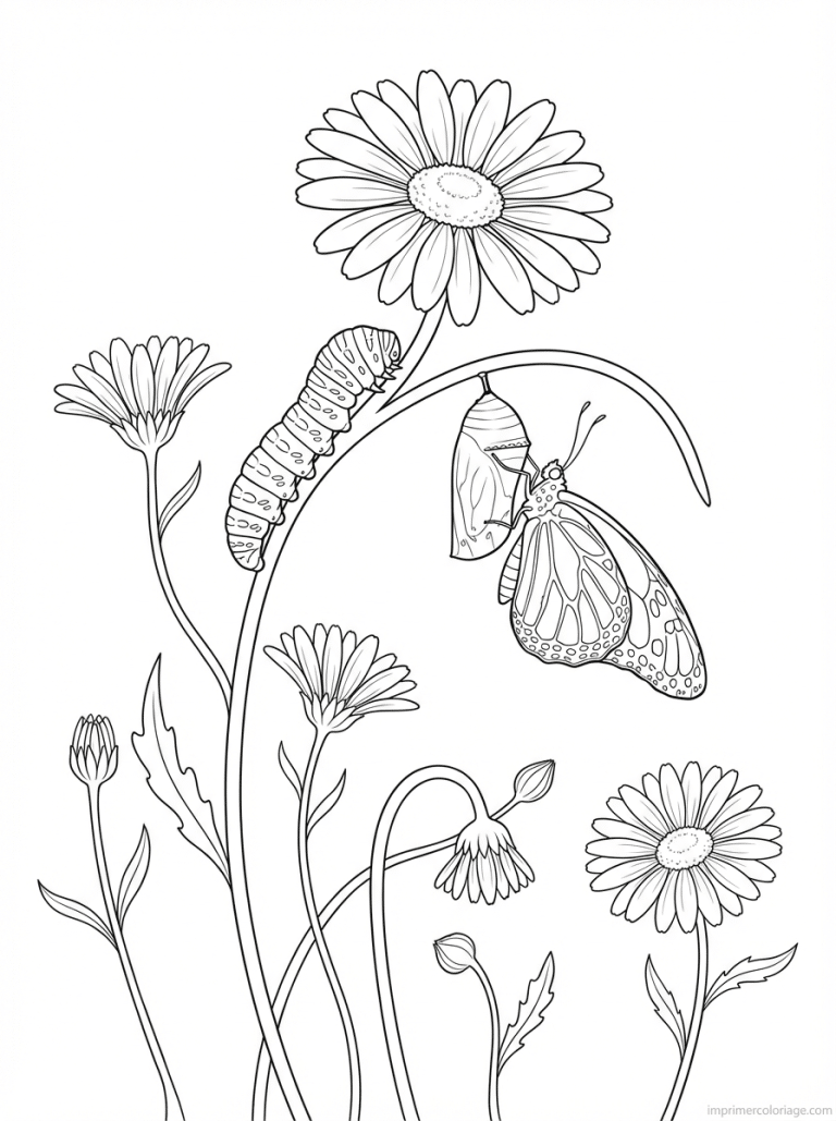 coloriage marguerite chenille papillon chrysalide - dessin gratuit &agrave; imprimer