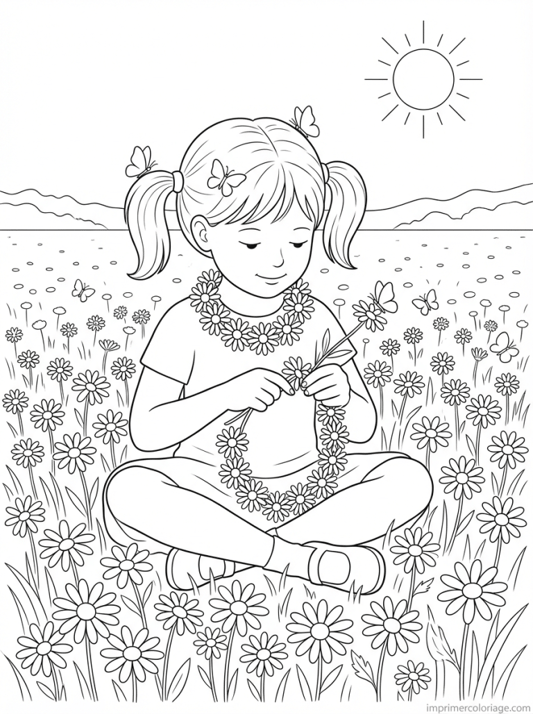 coloriage marguerite fille chaine prairie - dessin gratuit &agrave; imprimer