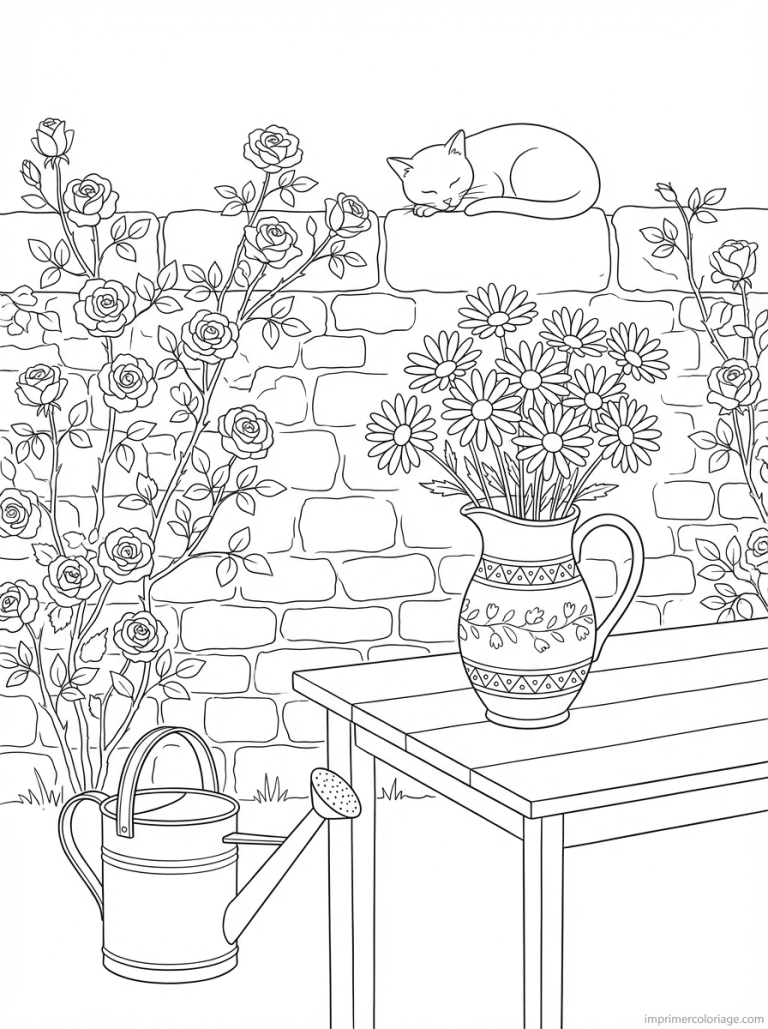 coloriage marguerite pichet jardin chat - dessin gratuit &agrave; imprimer