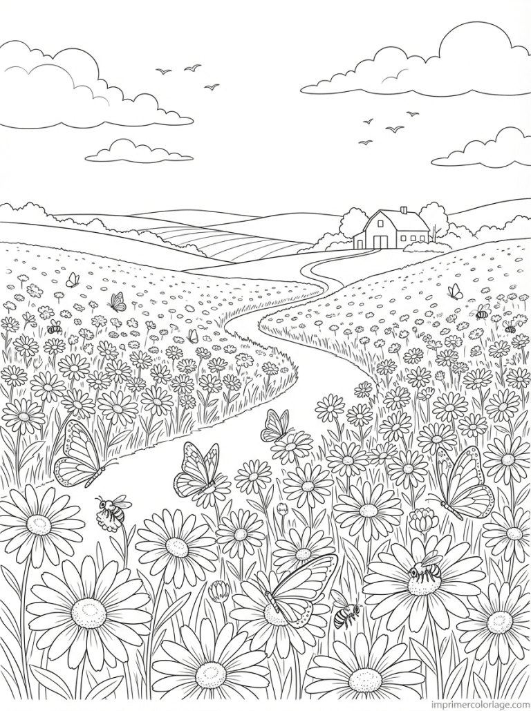 coloriage marguerite prairie chemin ferme - dessin gratuit &agrave; imprimer