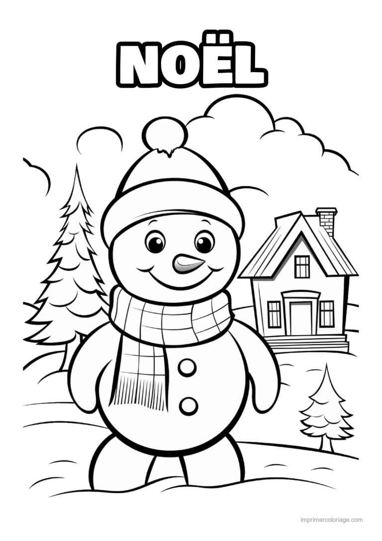 coloriage noel cm1 bonhomme neige echarpe maison sapins - dessin gratuit &agrave; imprimer
