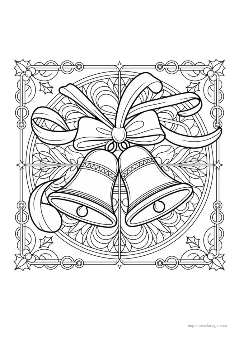 coloriage noel cm1 deux cloches noeud houx vitrail - dessin gratuit &agrave; imprimer