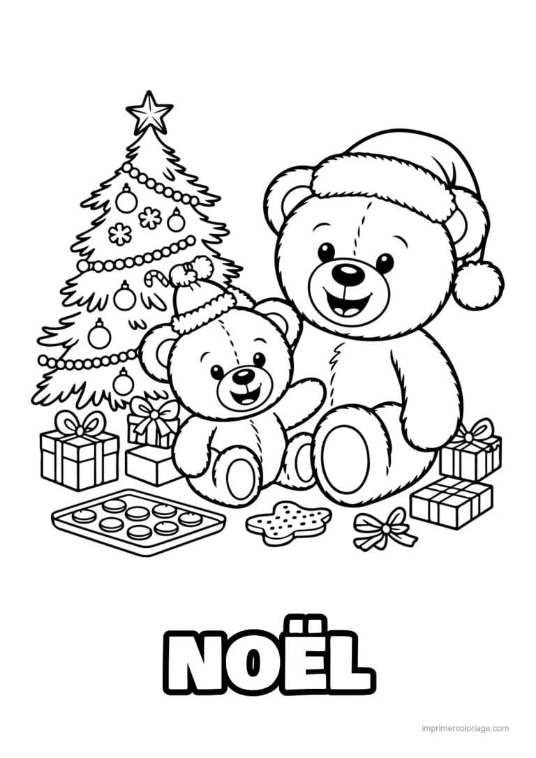 coloriage noel cm1 deux oursons sapin cadeaux biscuits - dessin gratuit &agrave; imprimer
