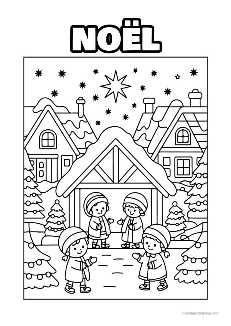 coloriage noel cm1 enfants devant etable village enneige - dessin gratuit &agrave; imprimer