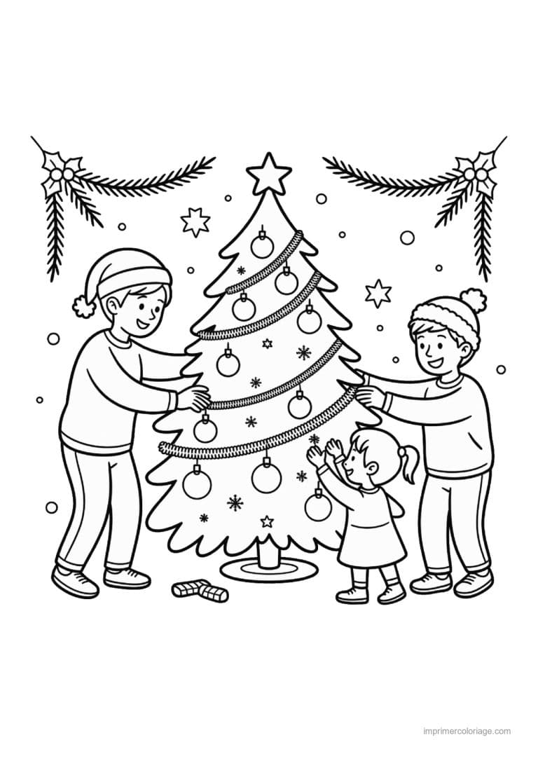 coloriage noel cm1 famille decorant sapin - dessin gratuit &agrave; imprimer