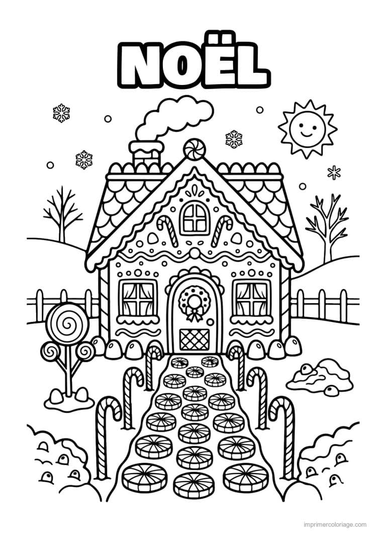 coloriage noel cm1 maison pain epice allee bonbons soleil - dessin gratuit &agrave; imprimer