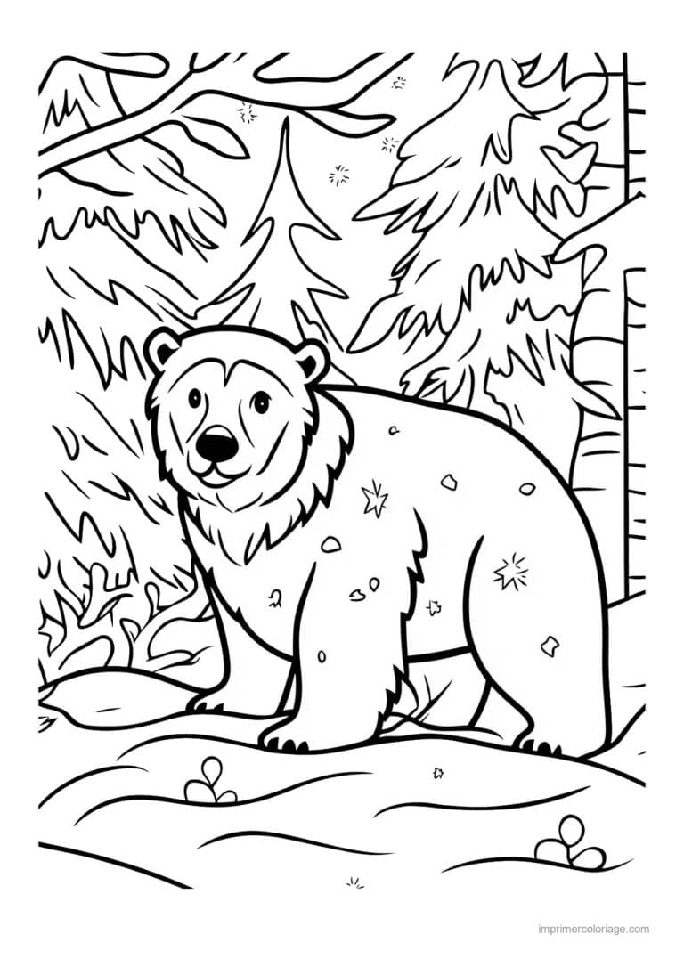 coloriage noel cm1 ours foret sapins neige - dessin gratuit &agrave; imprimer