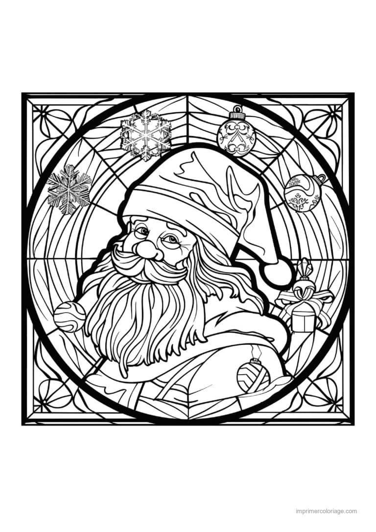 coloriage noel cm1 pere noel bonnet boules vitrail ovale - dessin gratuit &agrave; imprimer