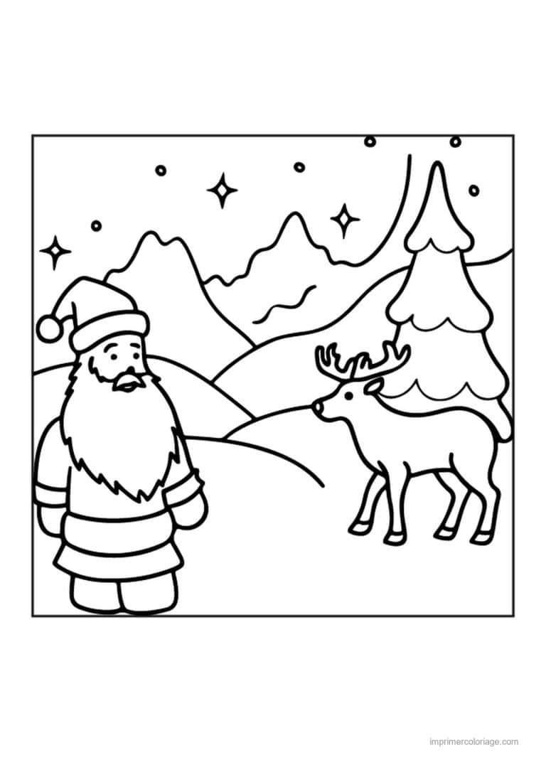 coloriage noel cm1 pere noel renne montagnes sapin - dessin gratuit &agrave; imprimer