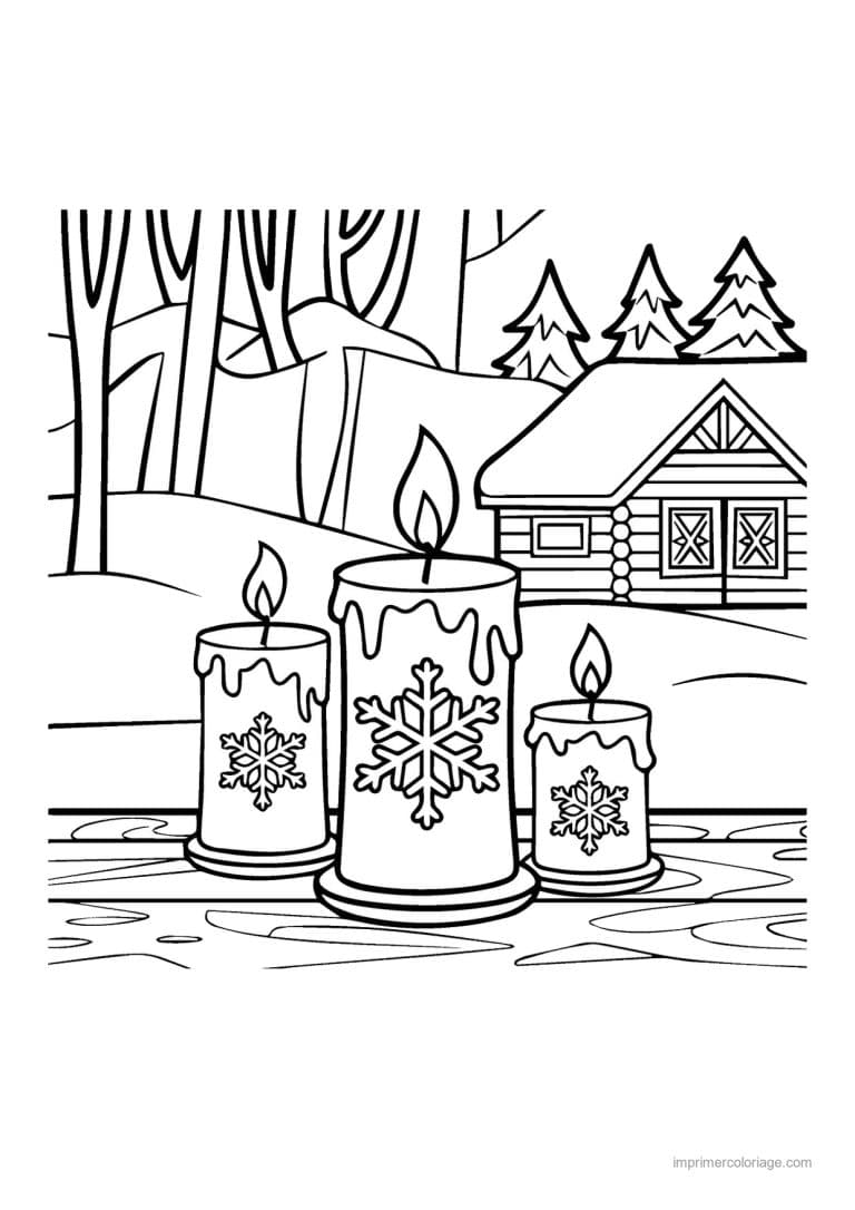 coloriage noel cm1 trois bougies flocons devant chalet enneige - dessin gratuit &agrave; imprimer