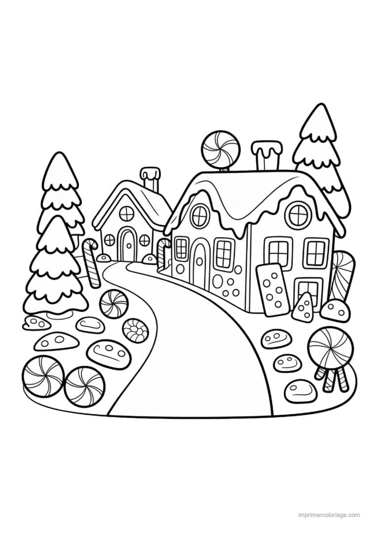 coloriage noel cm1 village pain epice chemin bonbons - dessin gratuit &agrave; imprimer