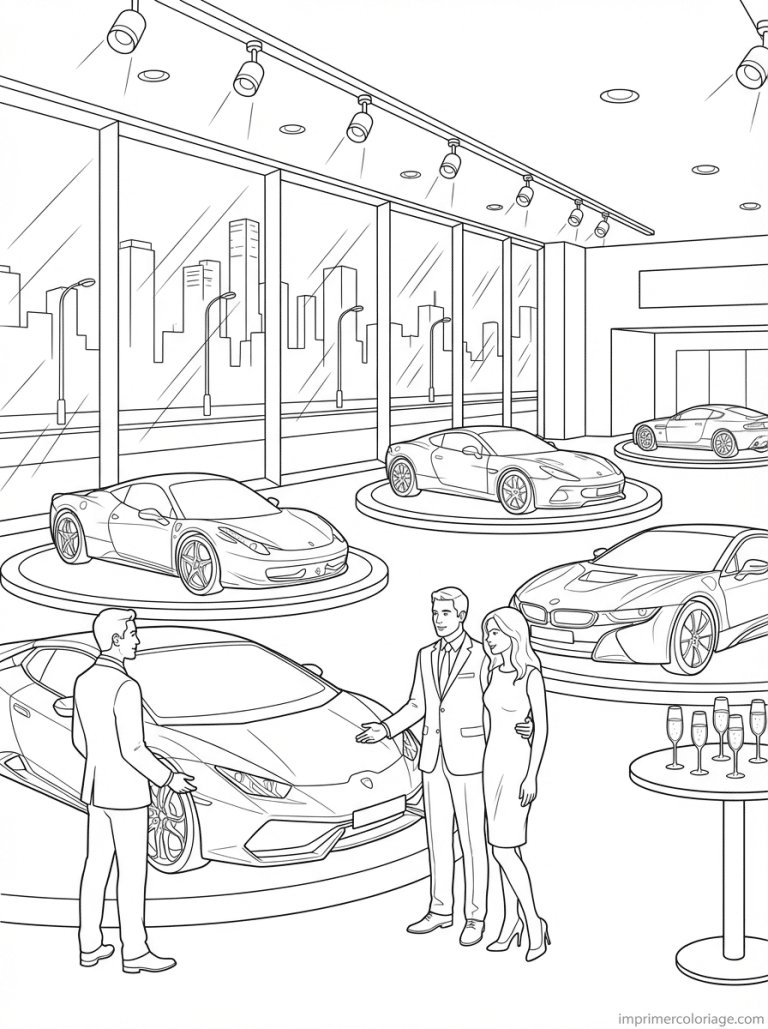 coloriage voiture luxe showroom nuit - dessin gratuit &agrave; imprimer