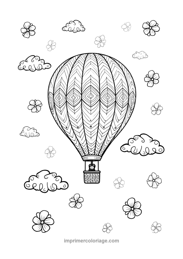 montgolfiere chevrons fleurs nuages nacelle - dessin gratuit &agrave; imprimer