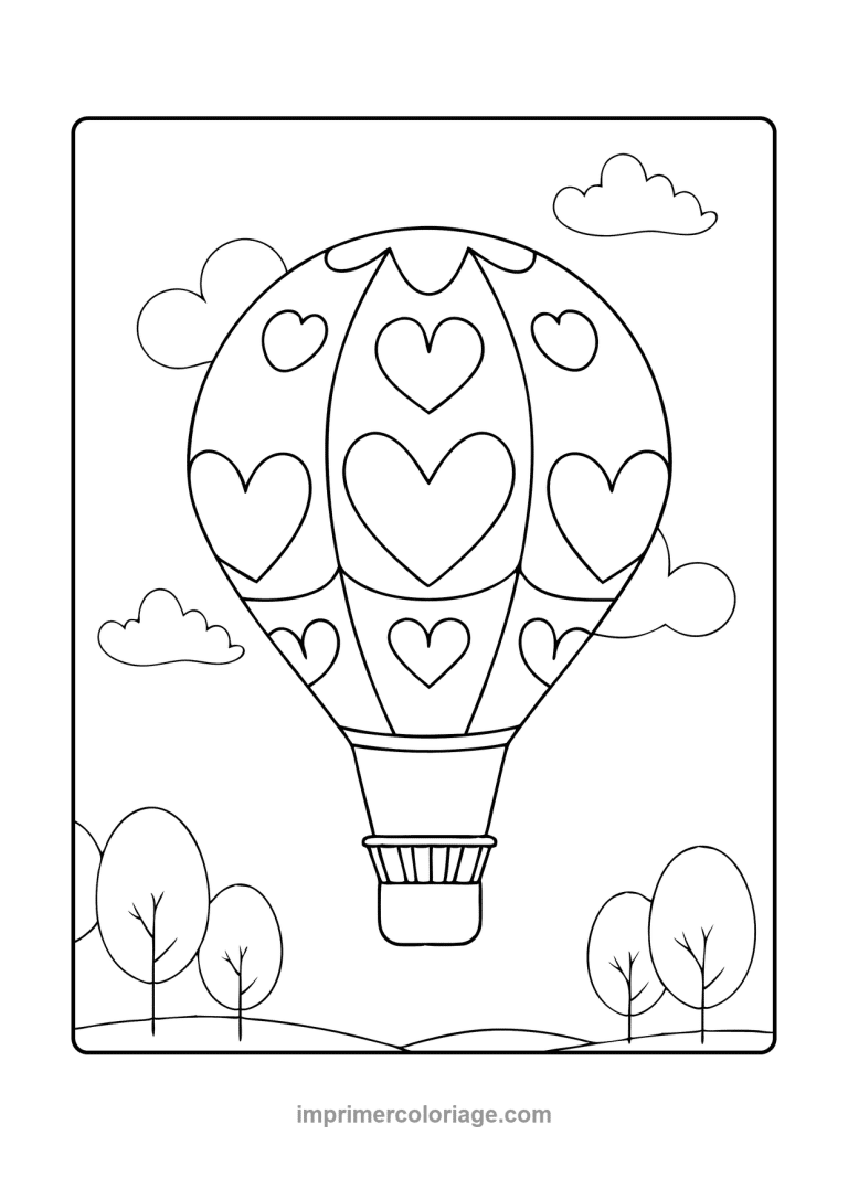 montgolfiere coeurs nuages arbres paysage - dessin gratuit &agrave; imprimer