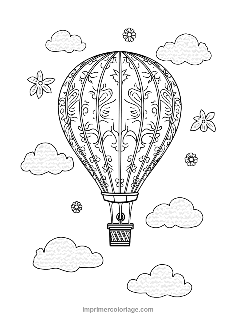 montgolfiere damasse fleurs nuages textures - dessin gratuit &agrave; imprimer