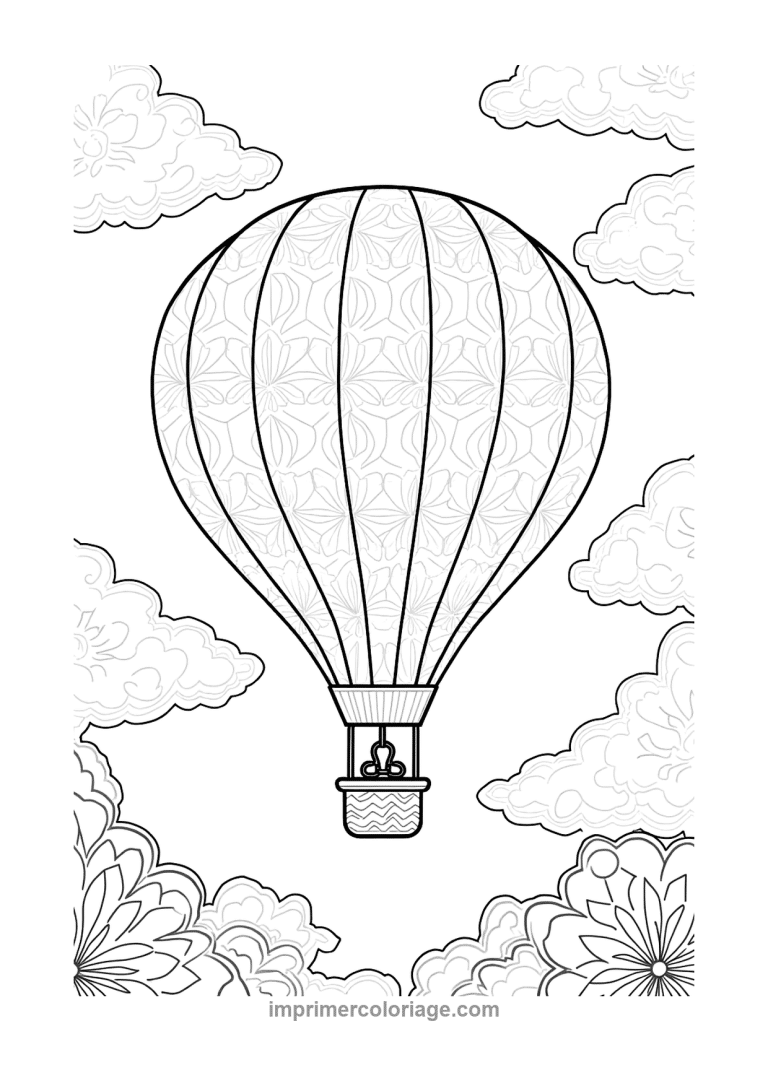 montgolfiere floral nuages fleurs adulte - dessin gratuit &agrave; imprimer