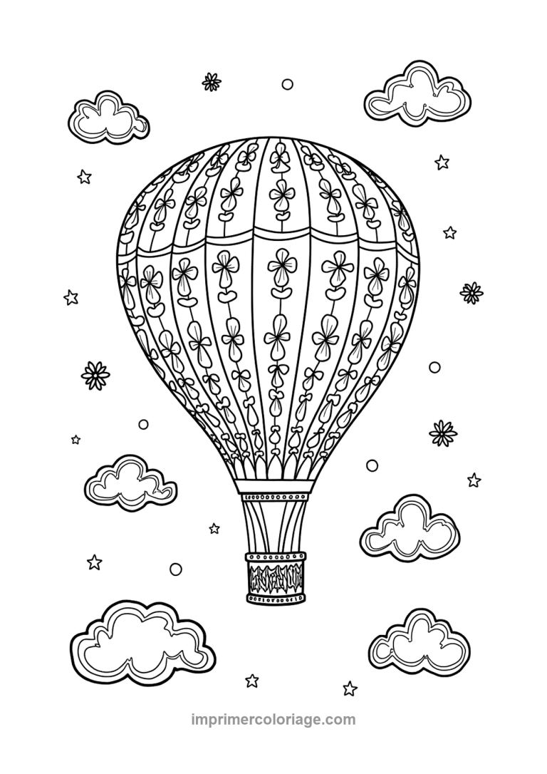 montgolfiere guirlandes noeuds etoiles nuages - dessin gratuit &agrave; imprimer