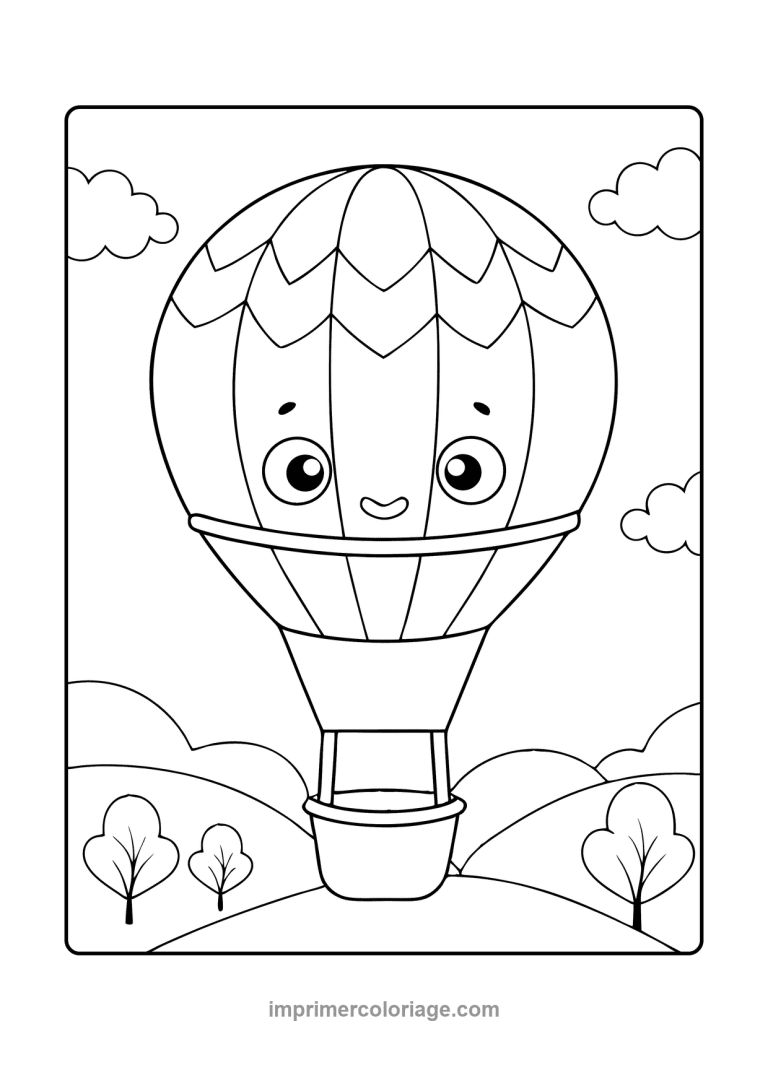 montgolfiere kawaii collines arbres nuages - dessin gratuit &agrave; imprimer