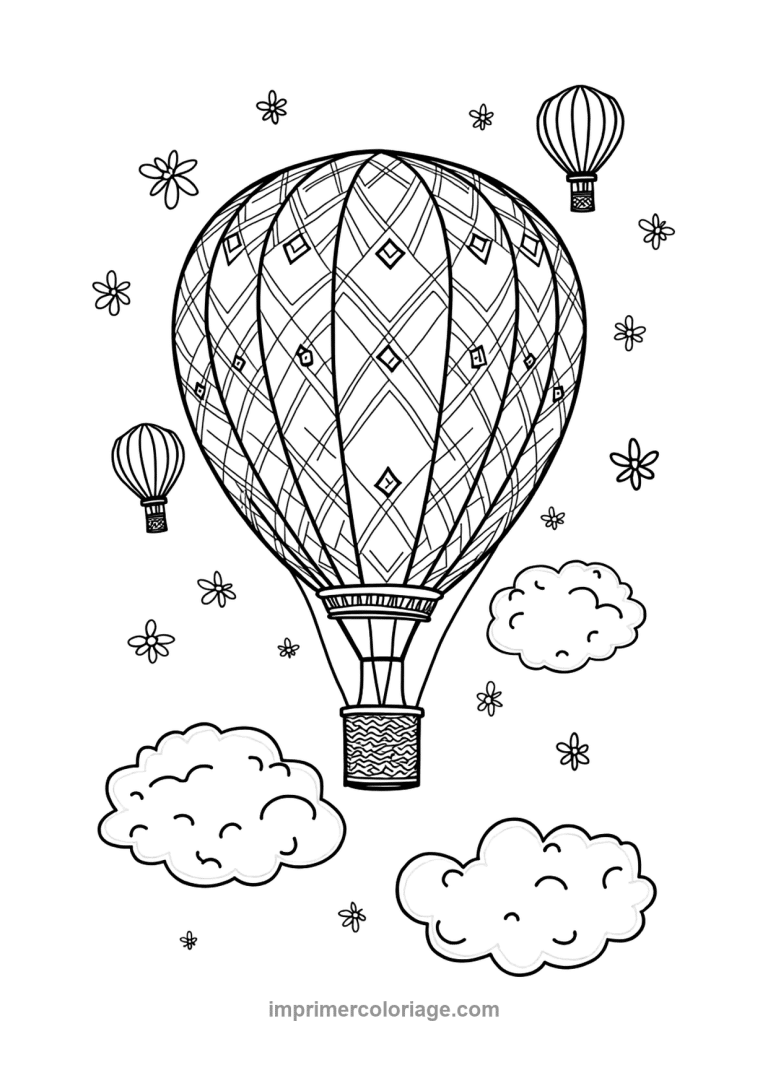 montgolfiere losanges ballons fleurs nuages - dessin gratuit &agrave; imprimer