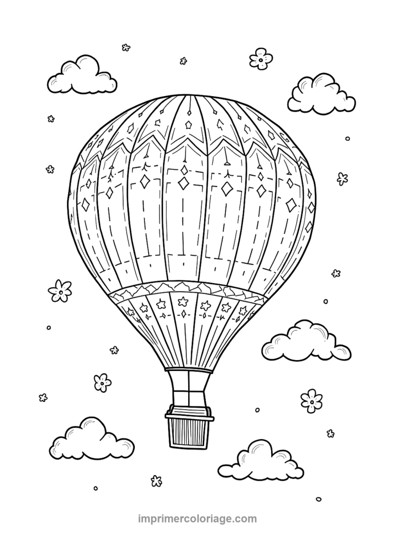 montgolfiere losanges etoiles nuages fleurs - dessin gratuit &agrave; imprimer