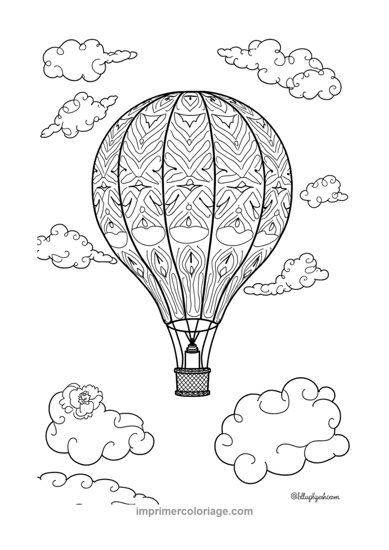 montgolfiere mandala symetrie nuages fleur - dessin gratuit &agrave; imprimer