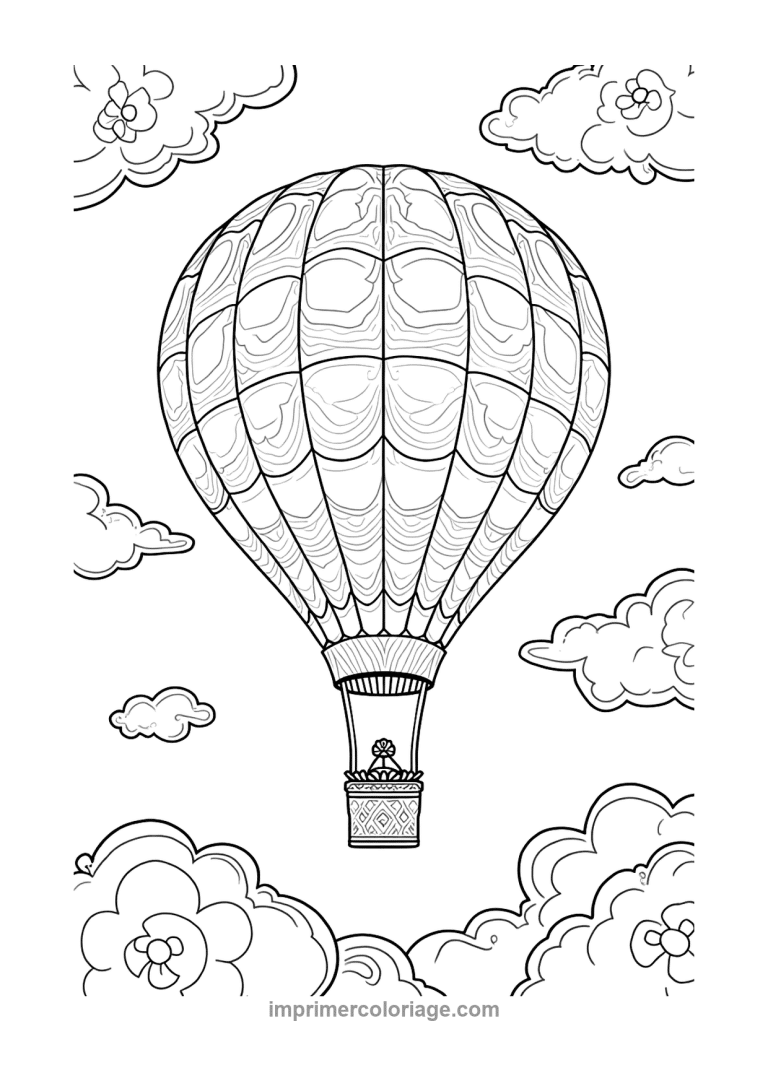montgolfiere marbre nuages fleurs nacelle - dessin gratuit &agrave; imprimer