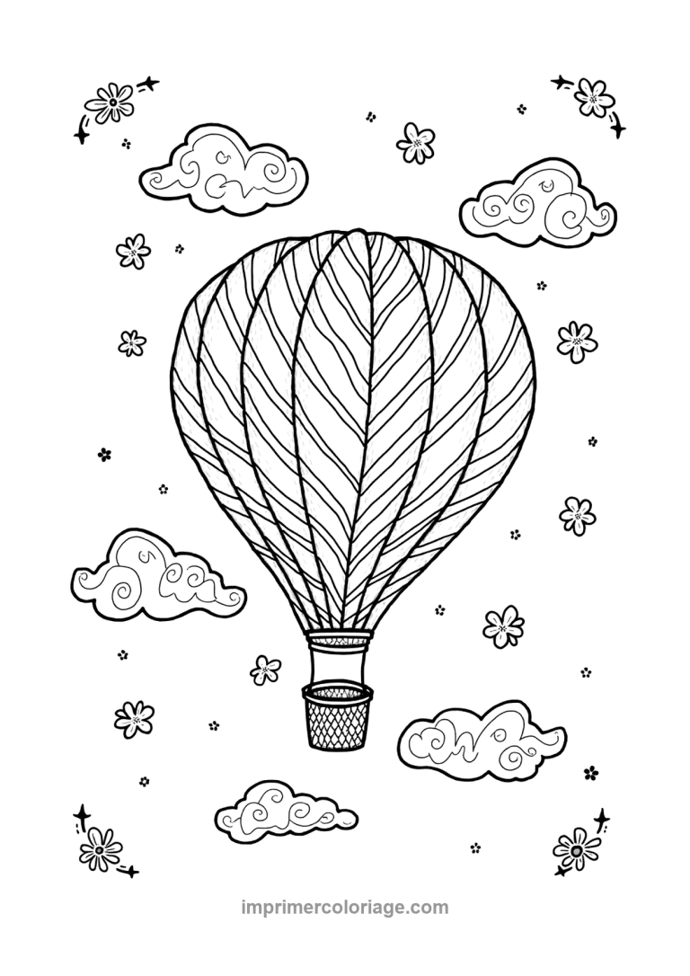 montgolfiere rayures diagonales nuages fleurs - dessin gratuit &agrave; imprimer