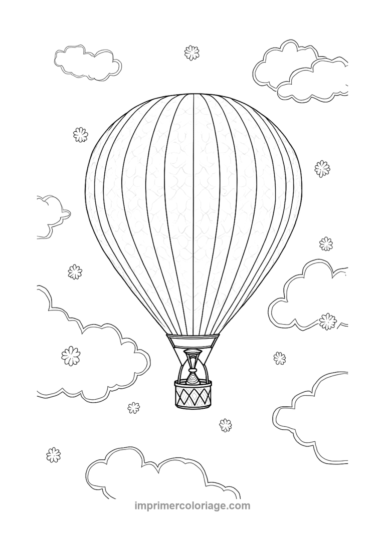 montgolfiere rayures verticales nuages fleurs - dessin gratuit &agrave; imprimer