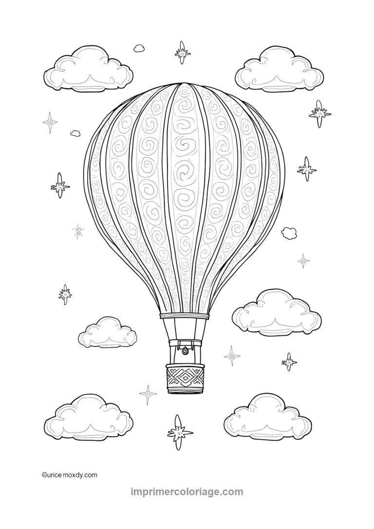 montgolfiere spirales nuages etoiles scintillantes - dessin gratuit &agrave; imprimer