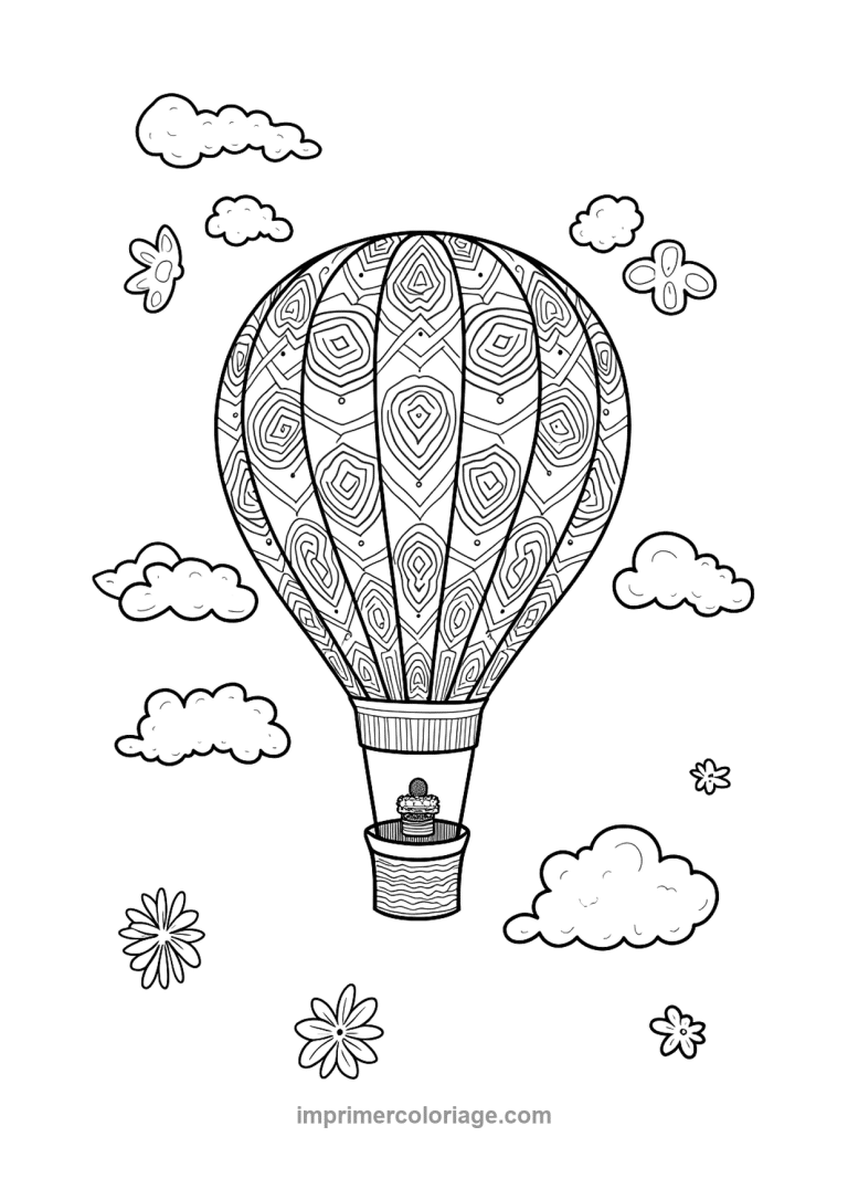 montgolfiere spirales papillons fleurs nuages - dessin gratuit &agrave; imprimer