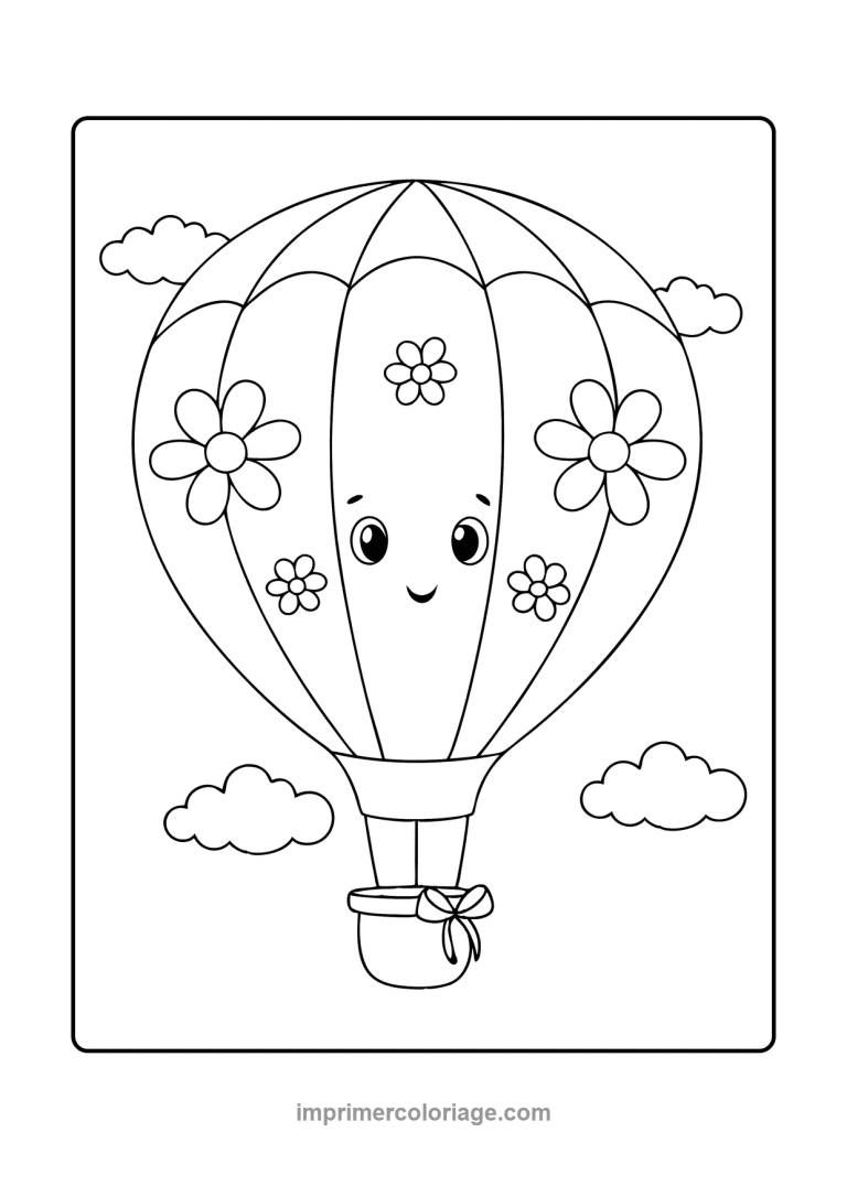 montgolfiere visage marguerites nuages noeud - dessin gratuit &agrave; imprimer