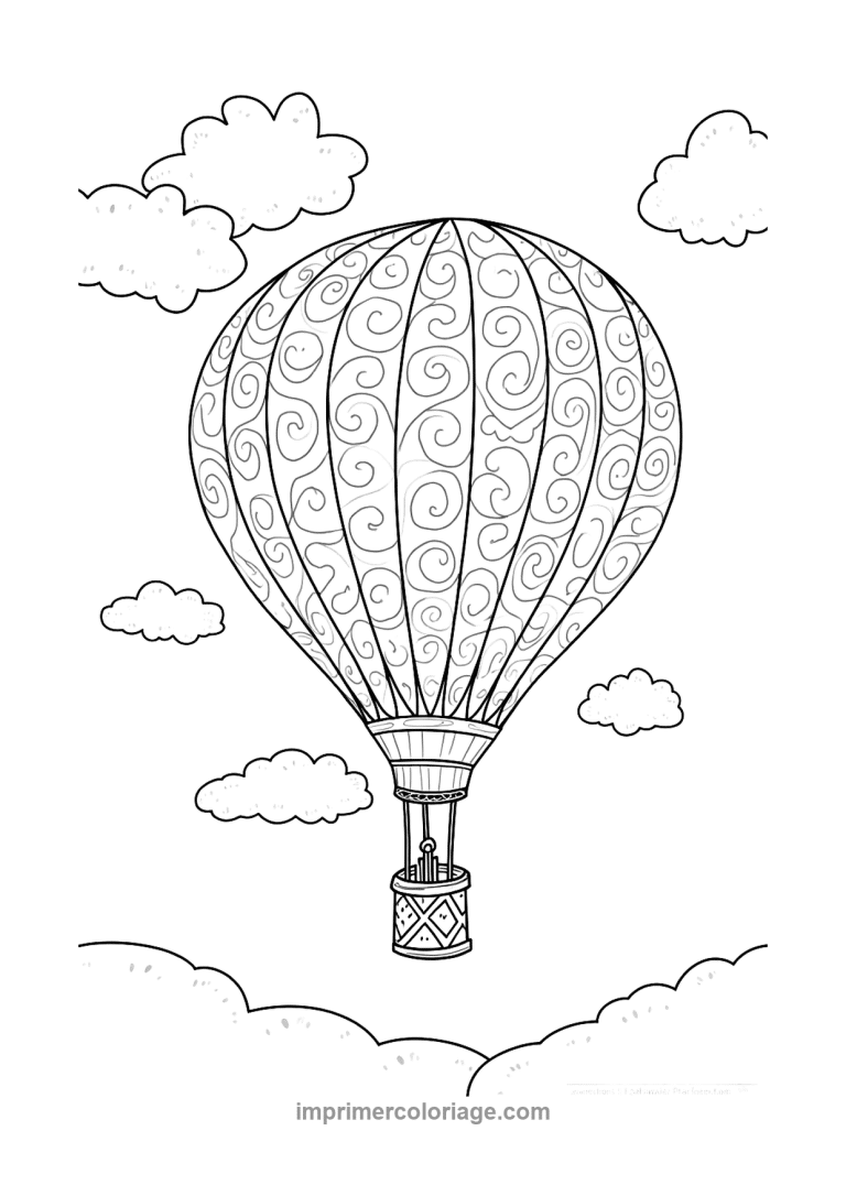 montgolfiere volutes nuages nacelle tressee - dessin gratuit &agrave; imprimer