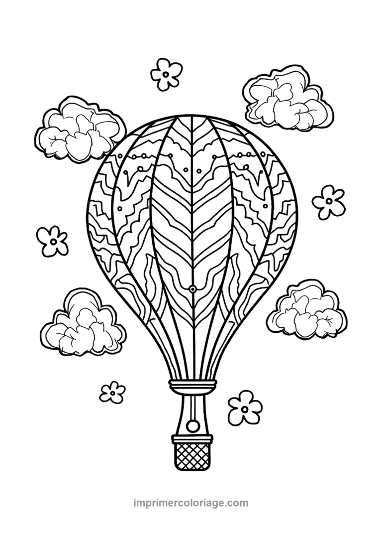 montgolfiere zentangle vagues fleurs nuages - dessin gratuit &agrave; imprimer
