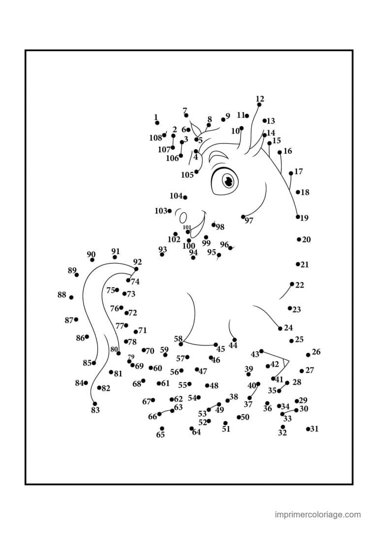 point a relier adulte 1 a 108 licorne - dessin gratuit &agrave; imprimer