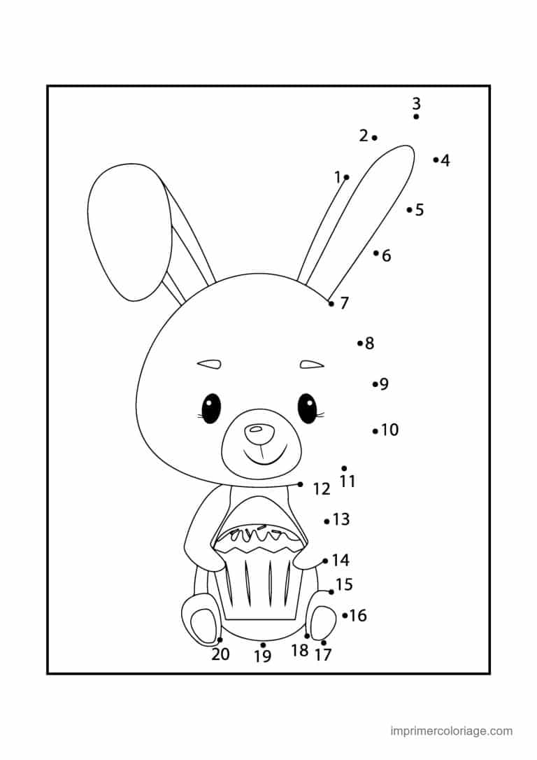 point a relier animal de compagnie 1 a 20 lapin avec un cupcake - dessin gratuit &agrave; imprimer