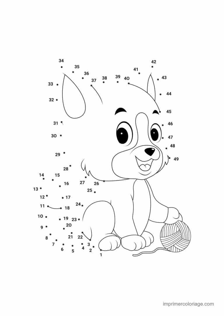 point a relier animal de compagnie 1 a 49 chien avec une pelote - dessin gratuit &agrave; imprimer