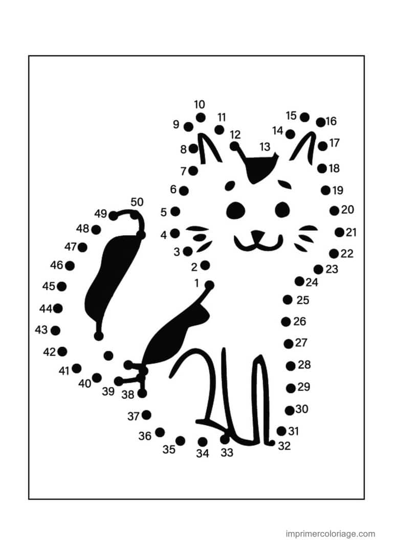 point a relier animal de compagnie 1 a 50 chat assis de face - dessin gratuit &agrave; imprimer