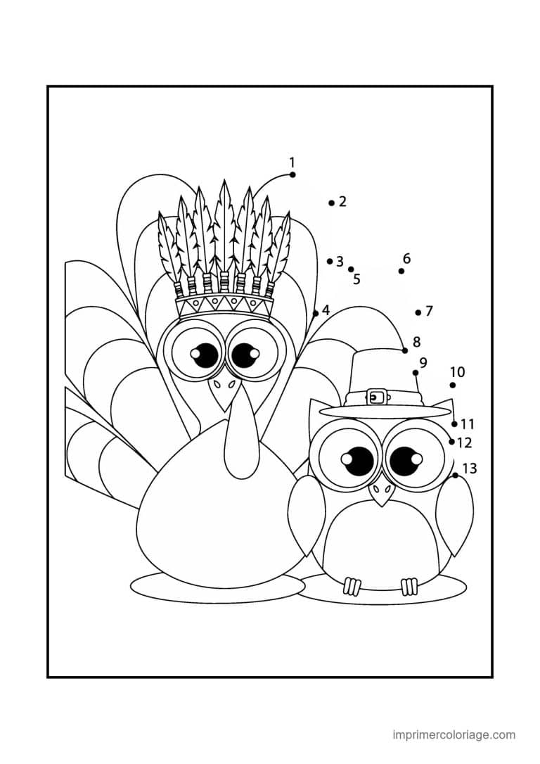 point a relier animal de la ferme 1 a 13 dinde et hibou avec chapeaux - dessin gratuit &agrave; imprimer