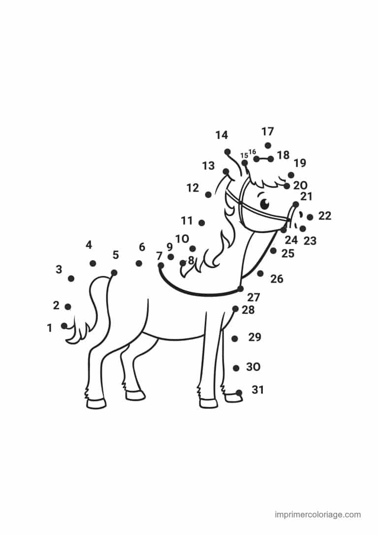 point a relier animal de la ferme 1 a 31 cheval a la criniere longue - dessin gratuit &agrave; imprimer
