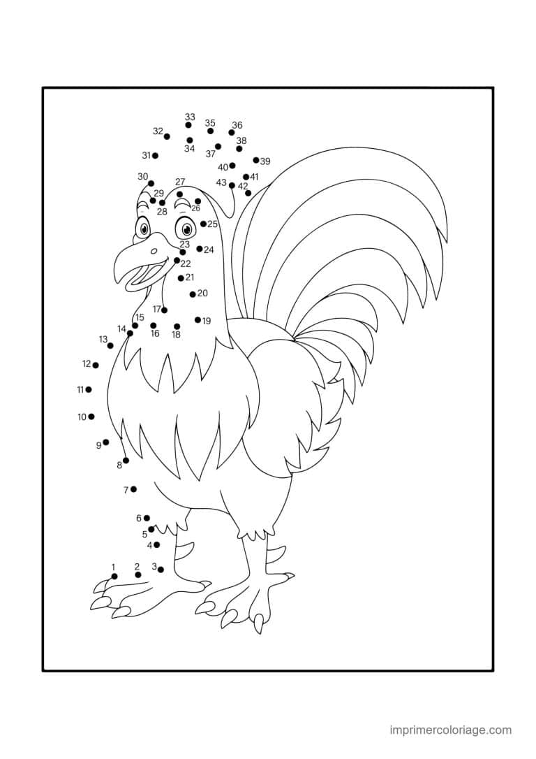point a relier animal de la ferme 1 a 41 coq a grande queue - dessin gratuit &agrave; imprimer