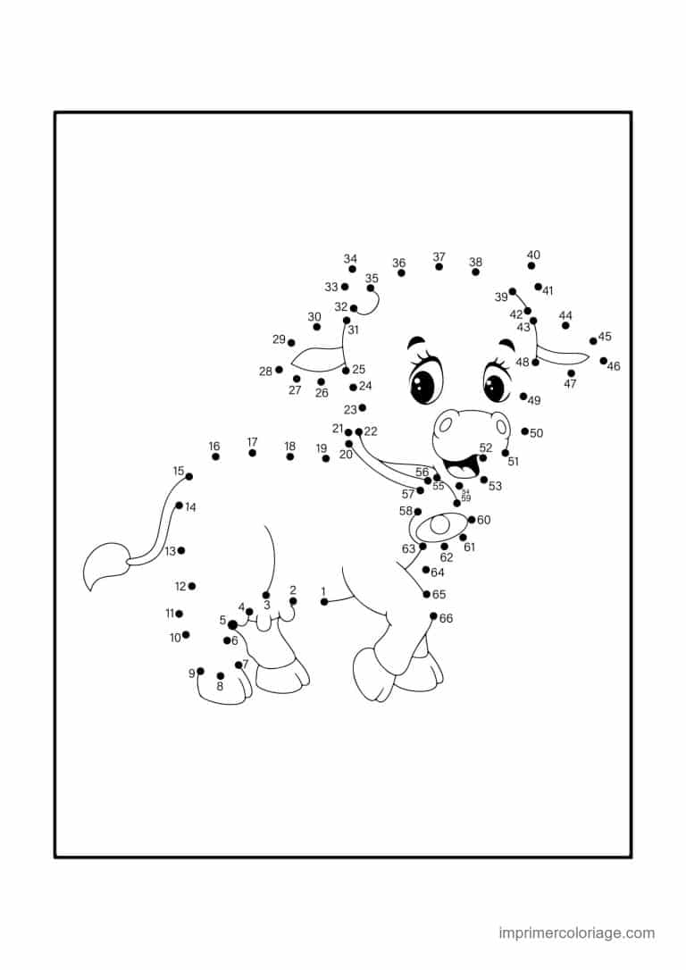 point a relier animal de la ferme 1 a 66 vache assise - dessin gratuit &agrave; imprimer