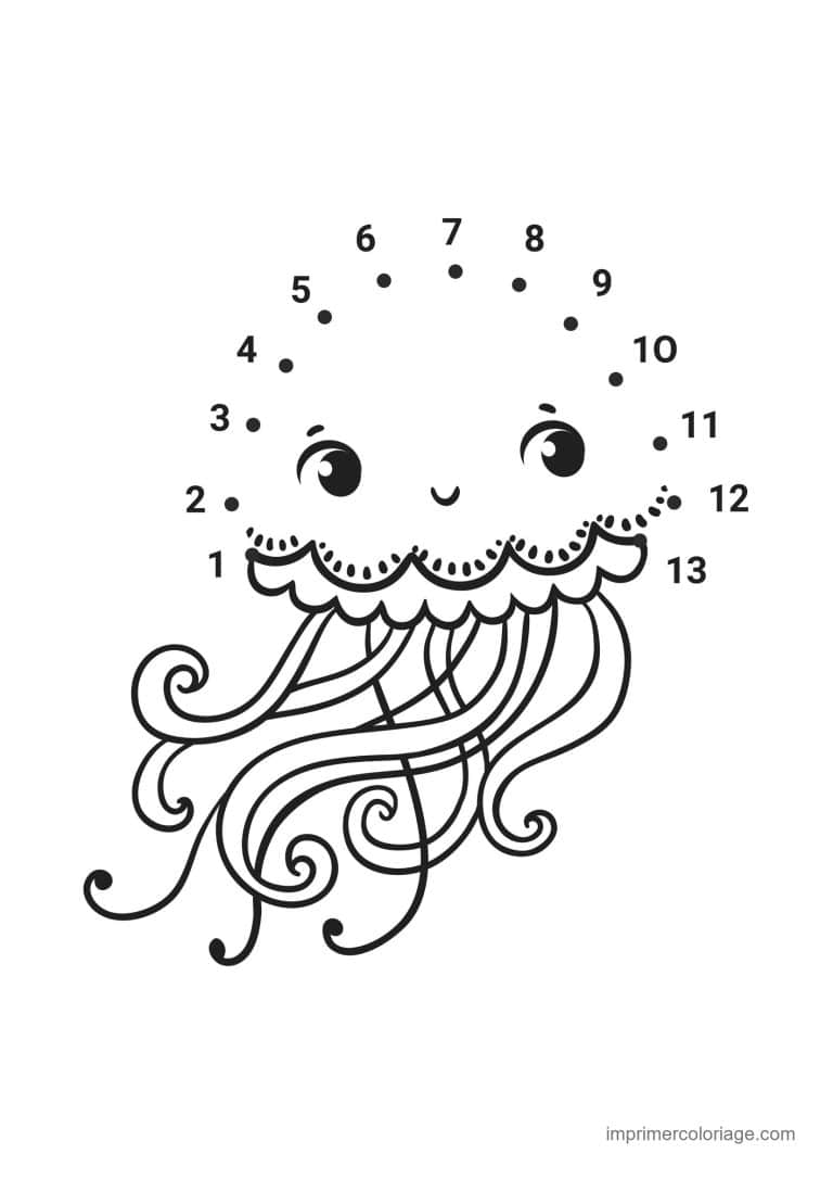 point a relier animal de la mer 1 a 13 meduse aux longs filaments - dessin gratuit &agrave; imprimer