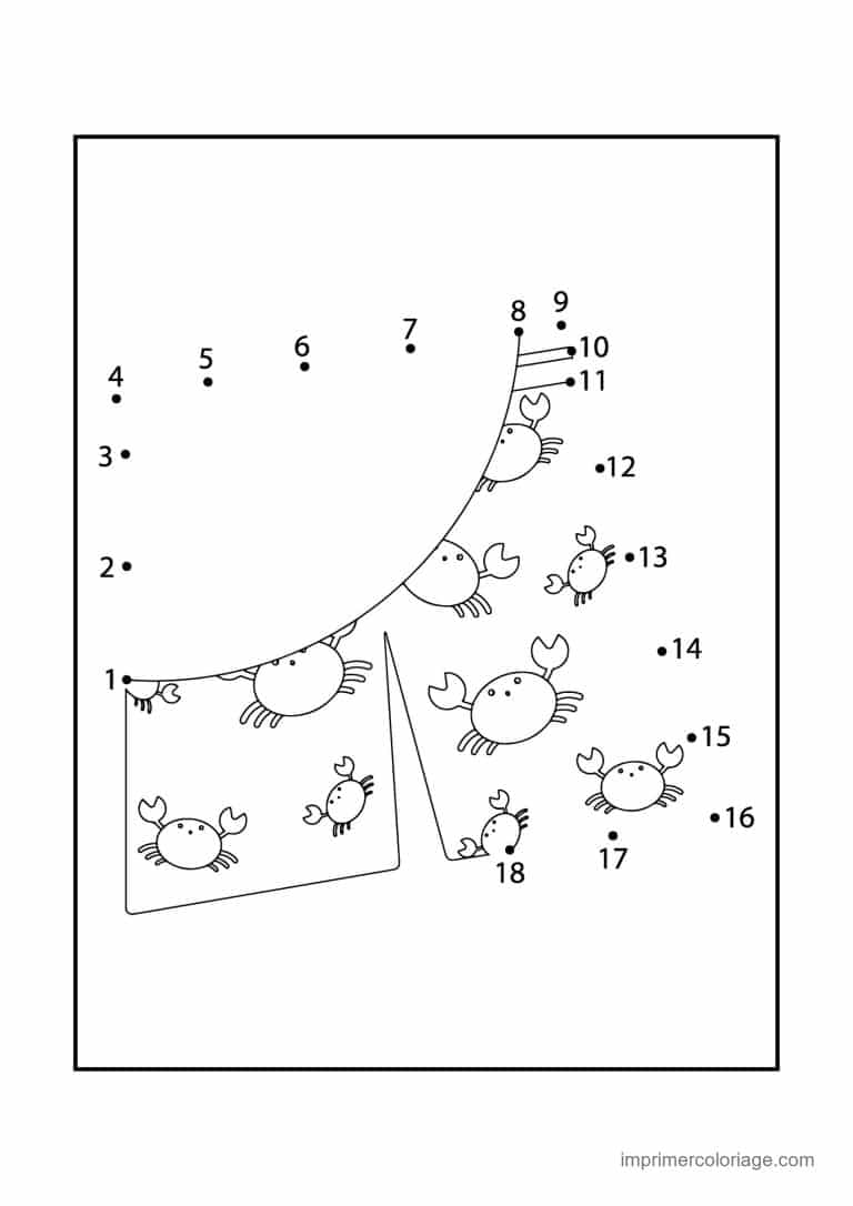 point a relier animal de la mer 1 a 18 crabes dans un filet - dessin gratuit &agrave; imprimer